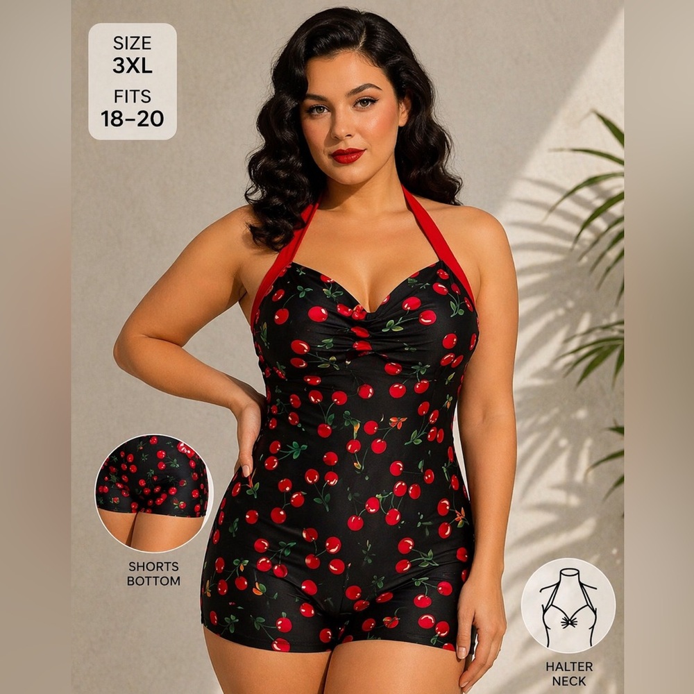 Cherry Print Pin Up Swimdress One Piece Retro Halter XXXL - Picture 2 of 4